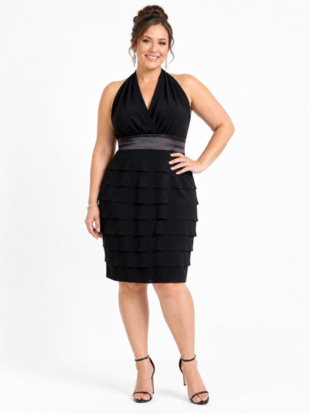 Evan Picone Black Tiered Ruffle Cocktail Party LBD Dress Size 14